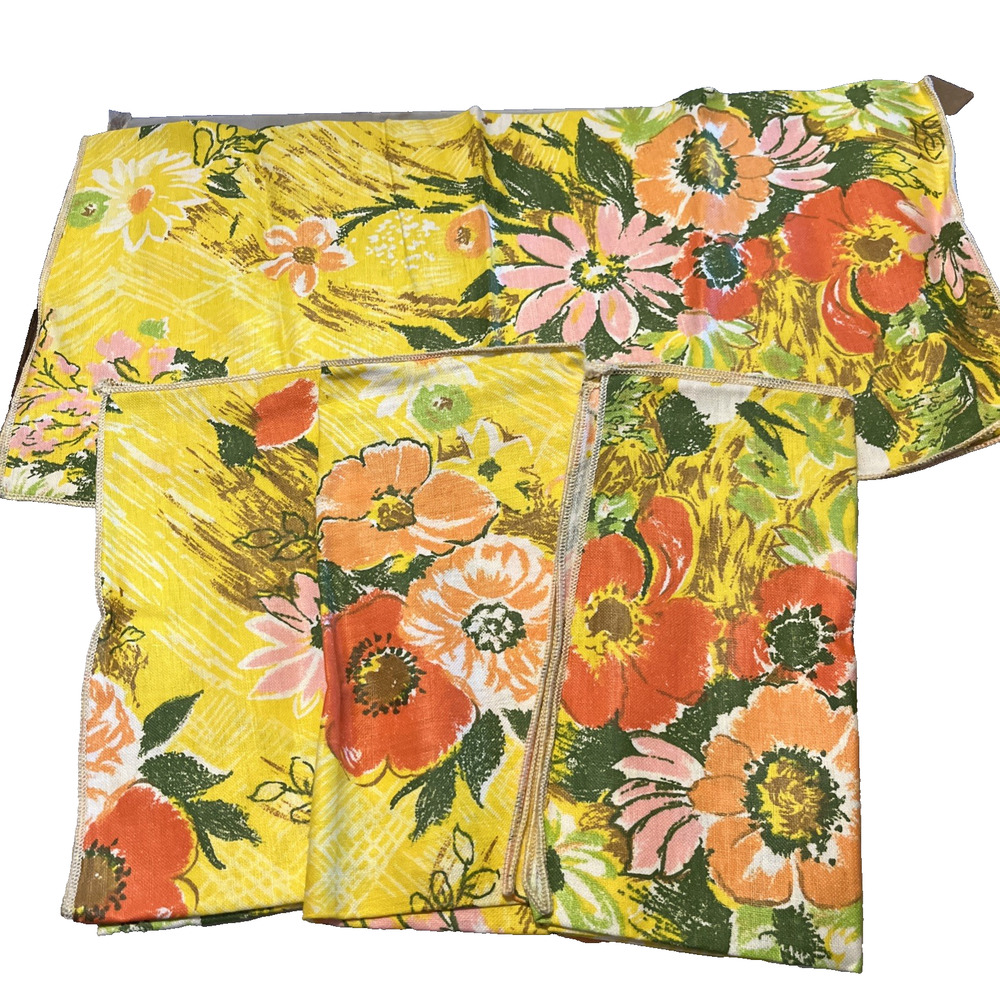 Vintage Floral Fabric Napkins Set of 4 Orange Yellow Mod Retro 17x17" Bright
